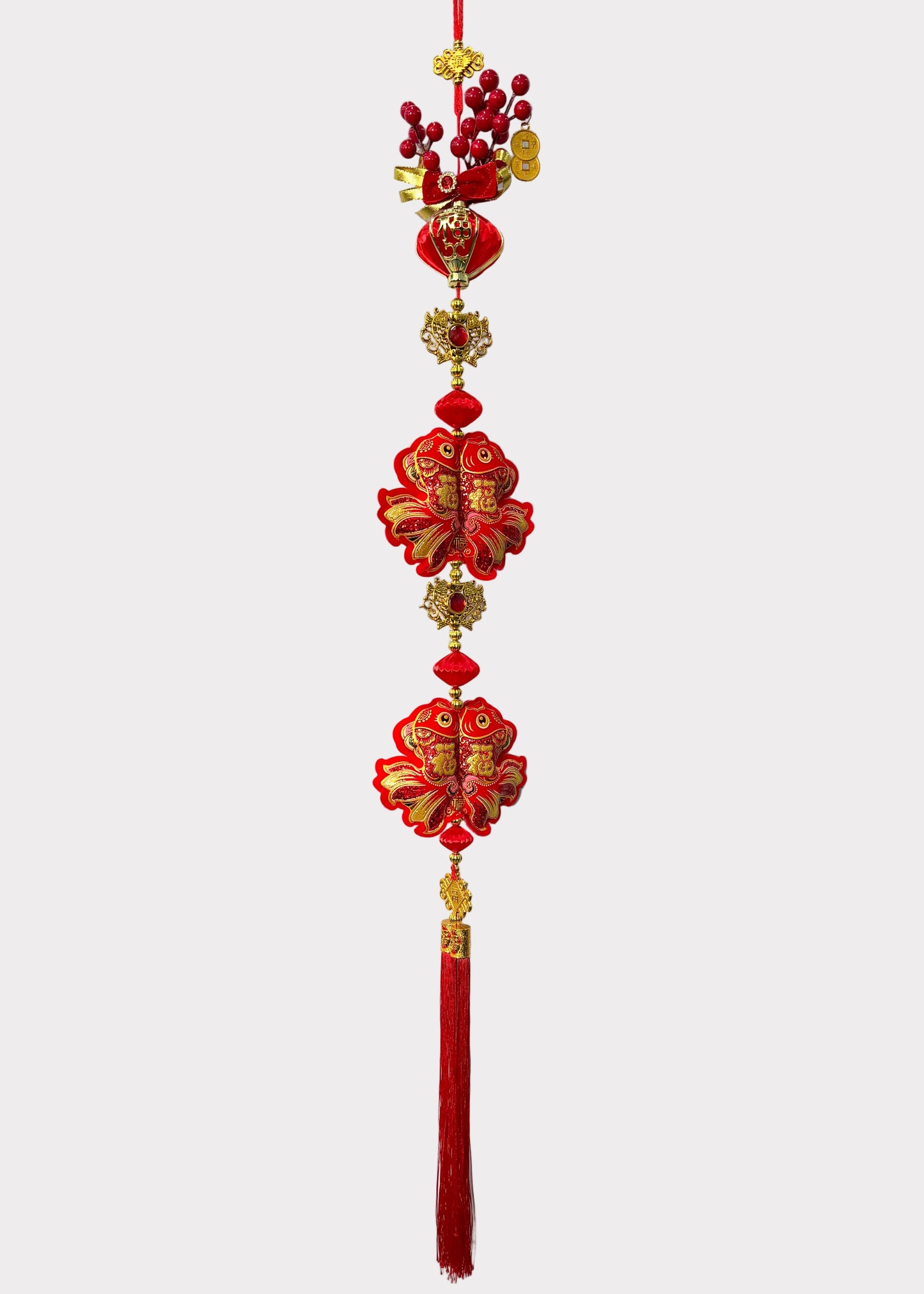 Double Fish Hanging Lunar New Year Decor with Red Berry Cluster and Tassel