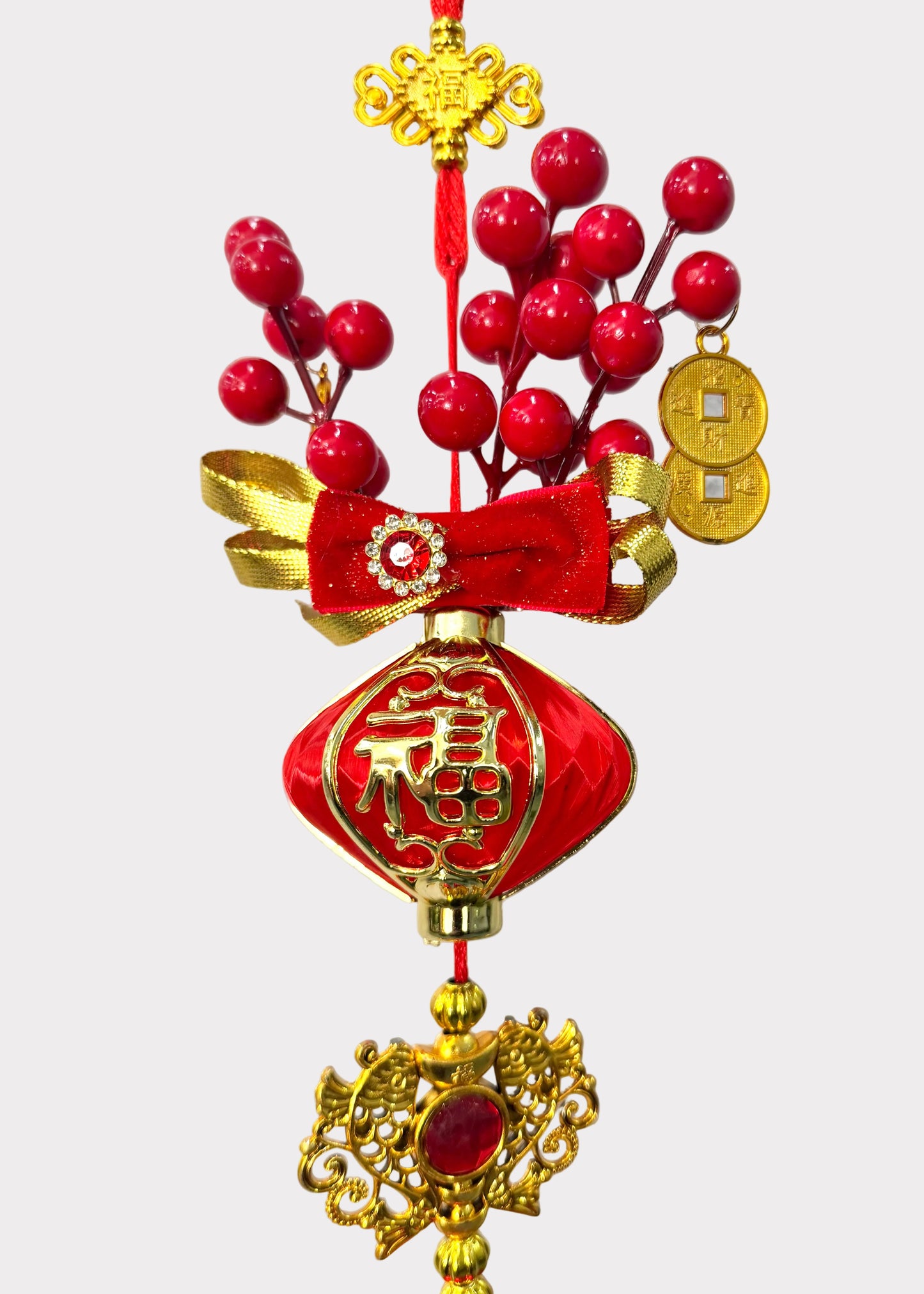 Double Fish Hanging Lunar New Year Decor with Red Berry Cluster and Tassel