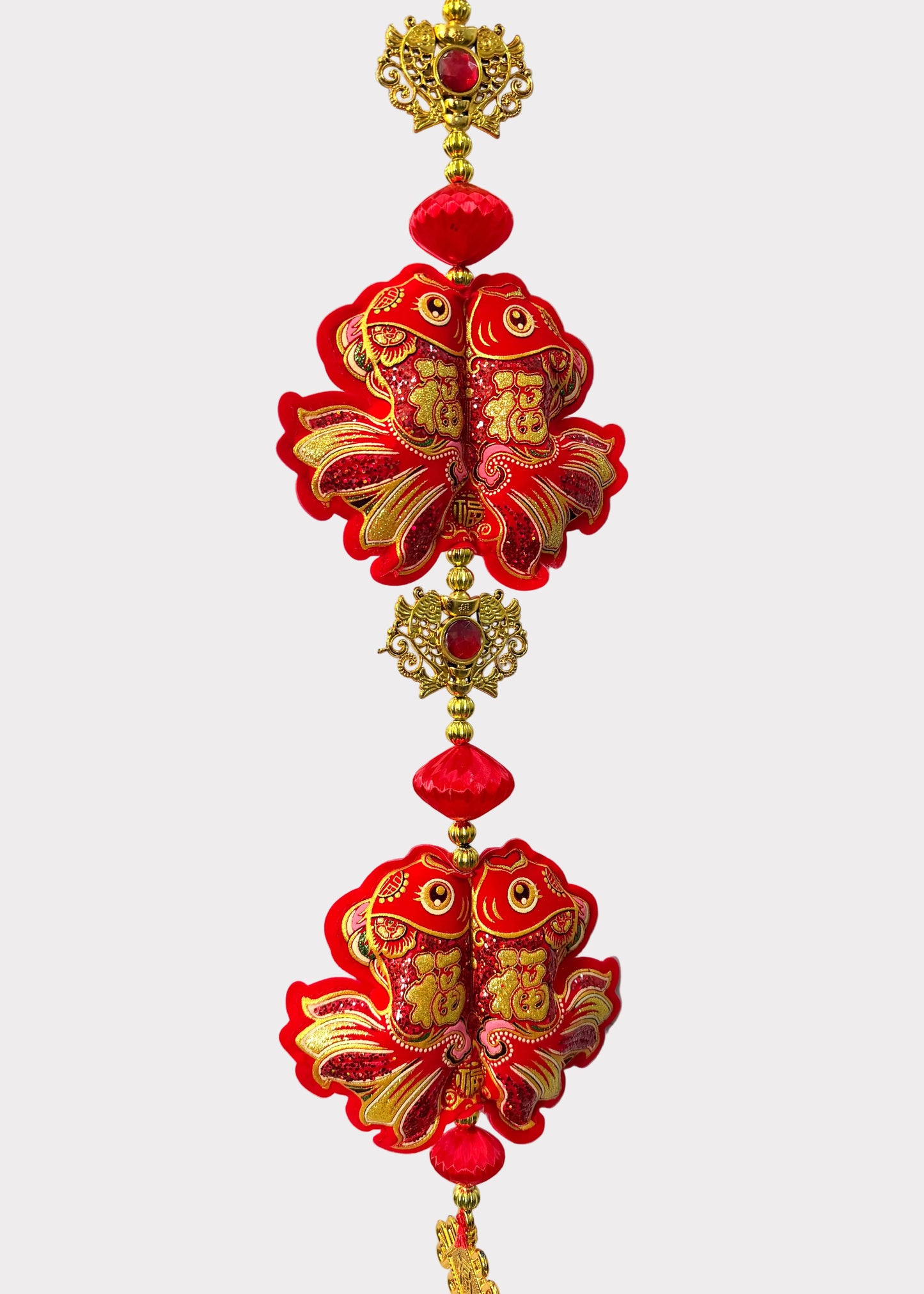 Double Fish Hanging Lunar New Year Decor with Red Berry Cluster and Tassel