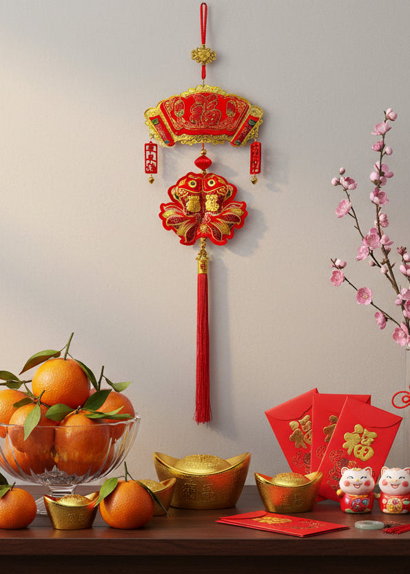 Double Fish Wall Hanging Lunar New Year Decor with Fortune Symbol and Tassel