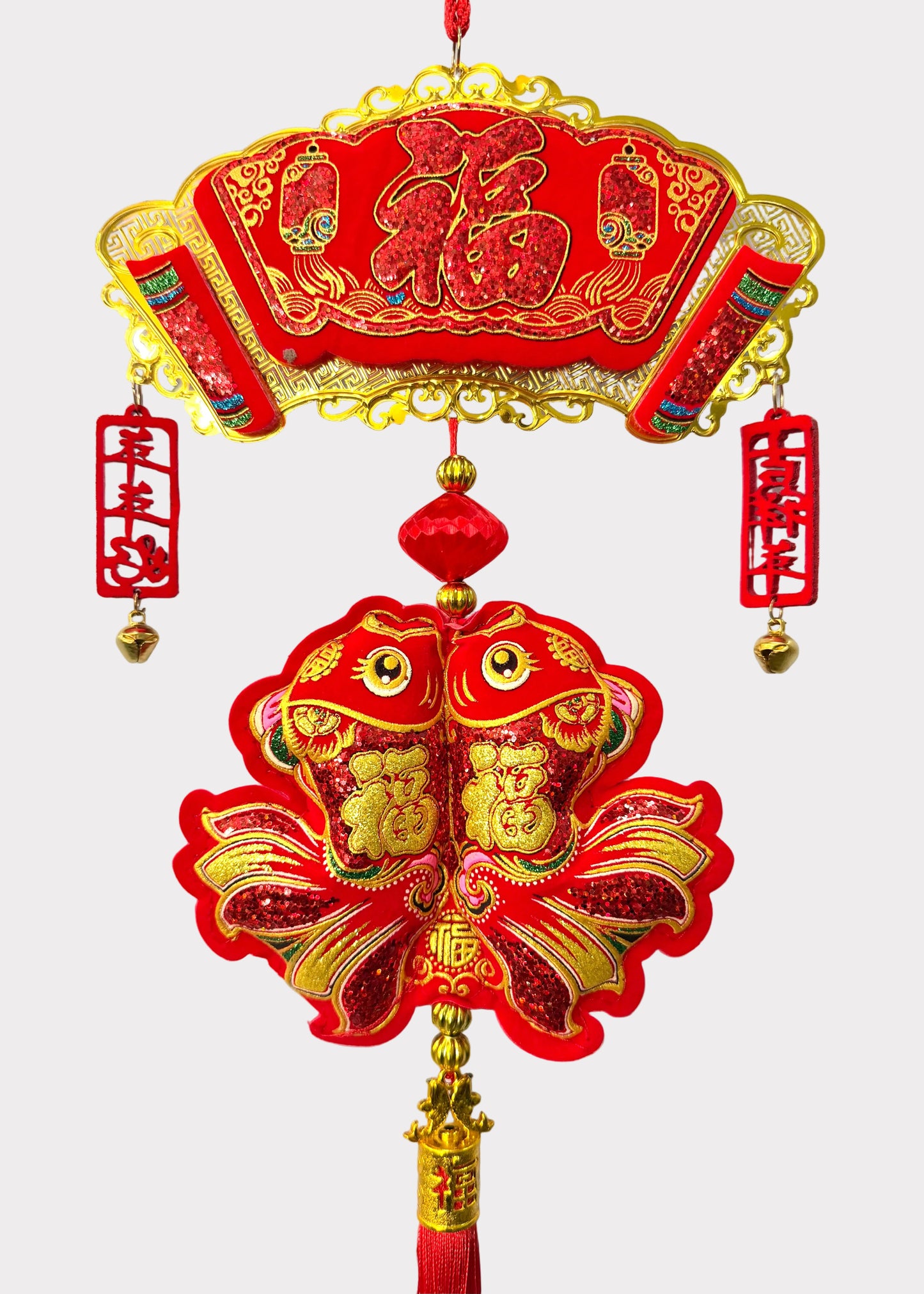 Double Fish Wall Hanging Lunar New Year Decor with Fortune Symbol and Tassel