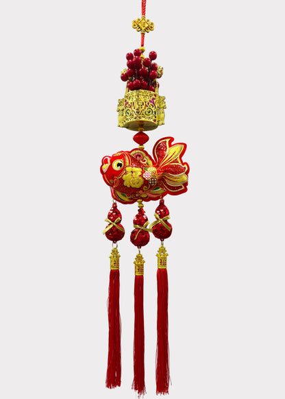 Red Berry Wealth Bucket Hanging Decor with Fish and Triple Gourd Tassels