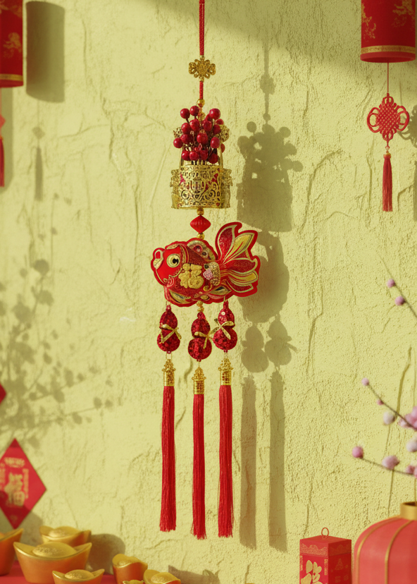 Red Berry Wealth Bucket Hanging Decor with Fish and Triple Gourd Tassels