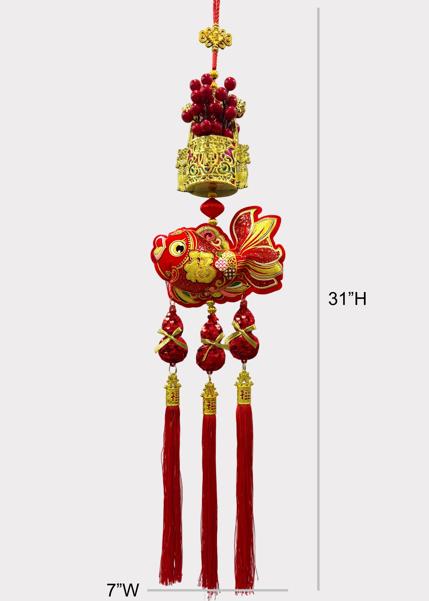 Red Berry Wealth Bucket Hanging Decor with Fish and Triple Gourd Tassels