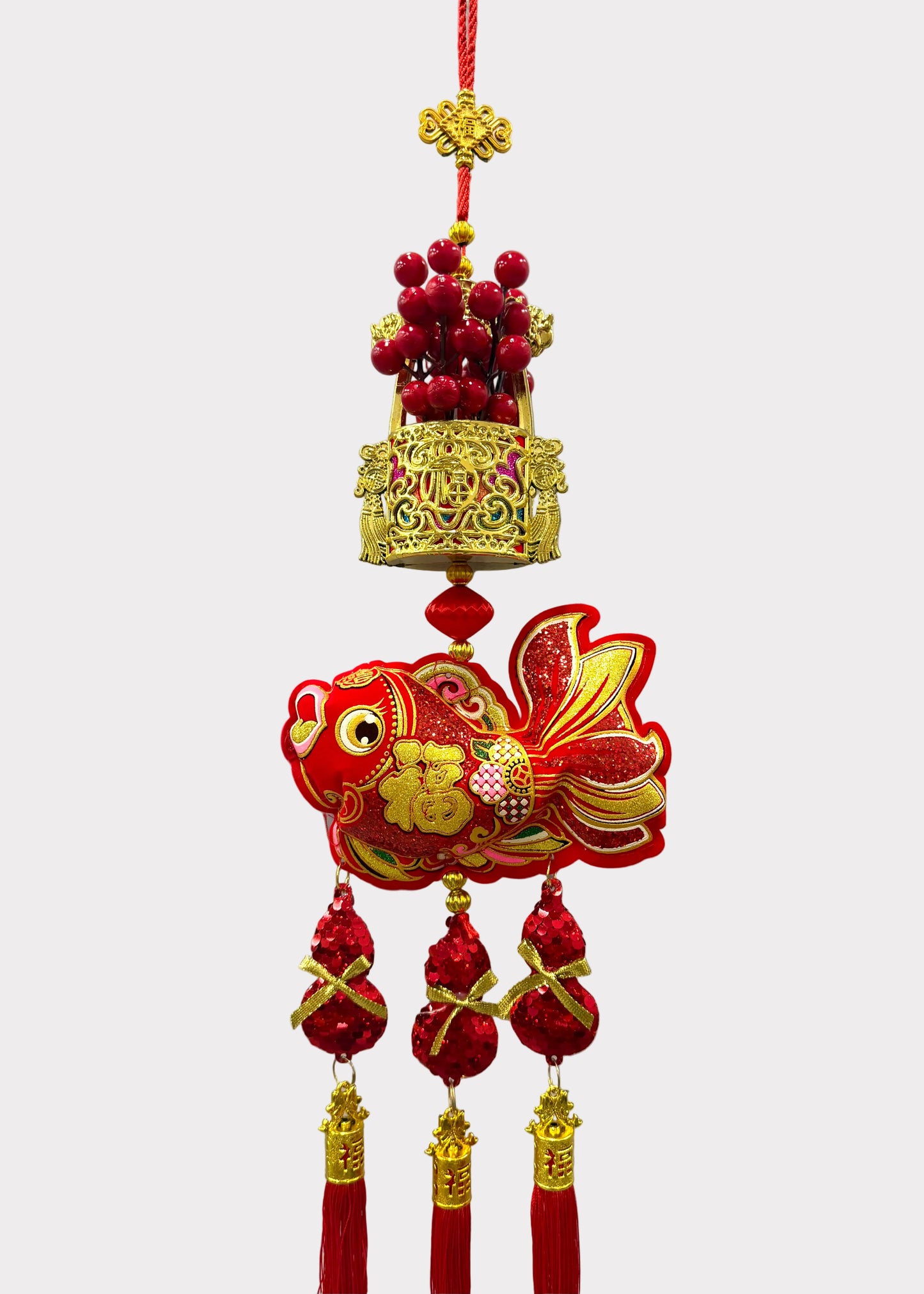 Red Berry Wealth Bucket Hanging Decor with Fish and Triple Gourd Tassels