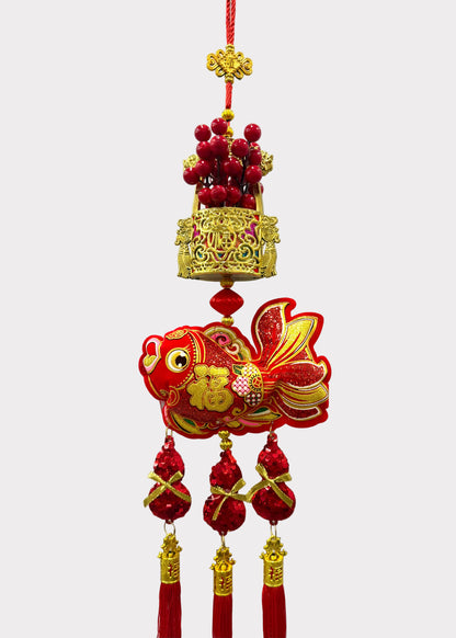 Red Berry Wealth Bucket Hanging Decor with Fish and Triple Gourd Tassels