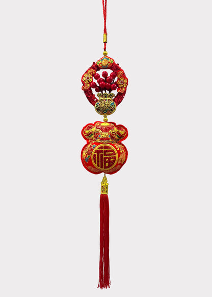 Wealth Money Bag Hanging Decor with Red Berry Accents and Tassel