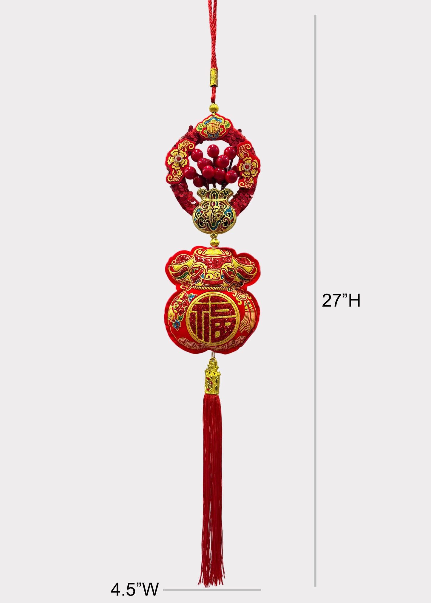 Wealth Money Bag Hanging Decor with Red Berry Accents and Tassel