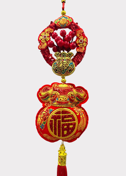 Wealth Money Bag Hanging Decor with Red Berry Accents and Tassel