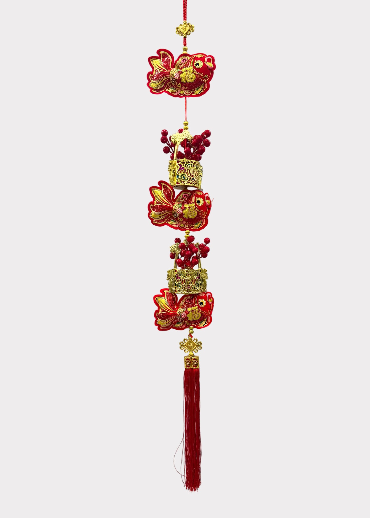Layered Fish Hanging Lunar New Year Decor with Red Berry Buckets and Tassel