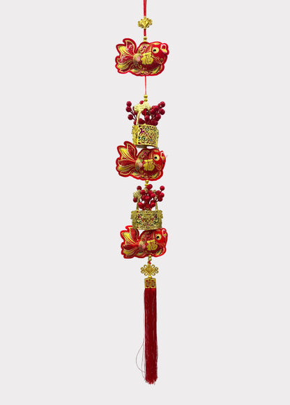 Layered Fish Hanging Lunar New Year Decor with Red Berry Buckets and Tassel