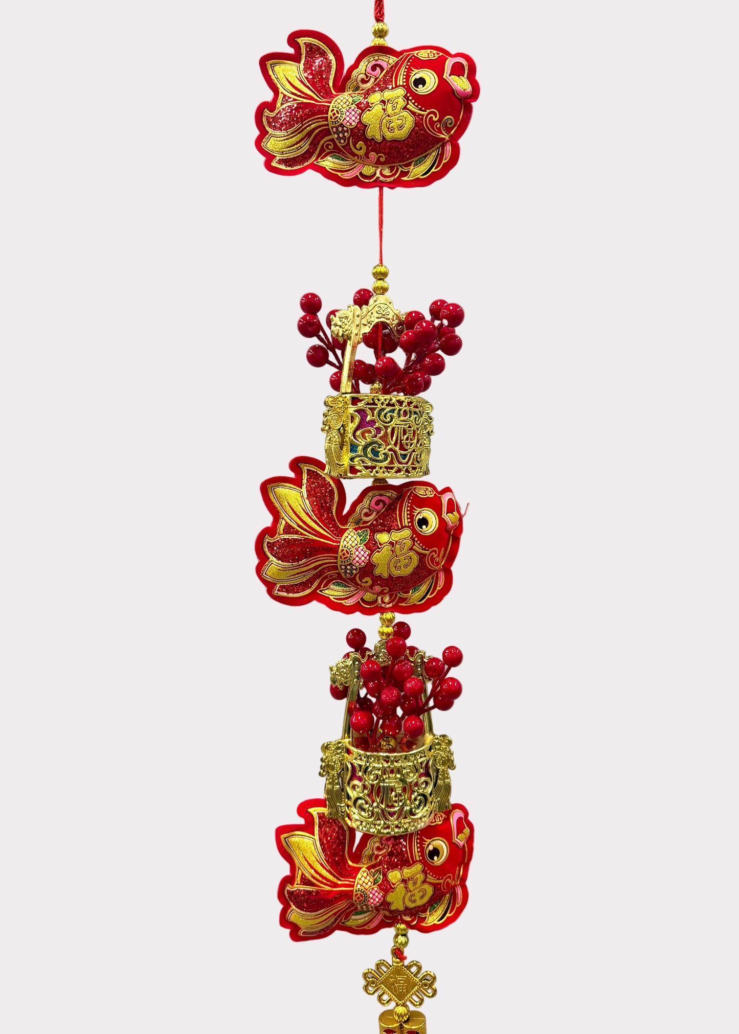 Layered Fish Hanging Lunar New Year Decor with Red Berry Buckets and Tassel