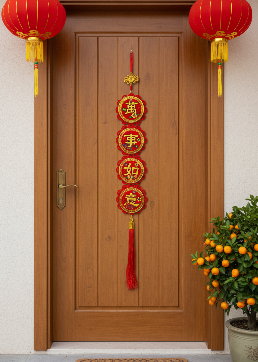Felt Lunar New Year Hanging Decor with Auspicious Sayings - Red Tassel Door Ornament