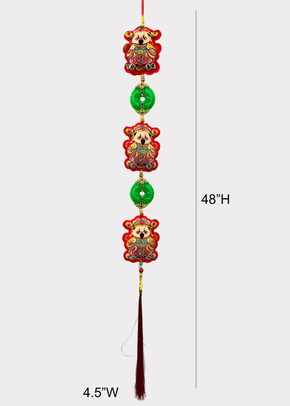 Wealth God Cai Shen Hanging Decor – 3 Plush Felt Figures with Jade Pendants