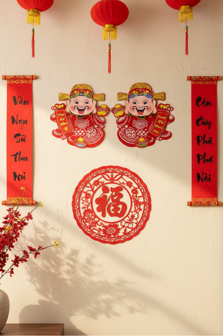 Cai Shen Wealth God Wall Decals Pair - Felt and Paper Lucky Feng Shui Decor