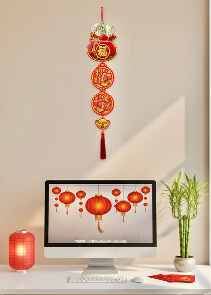 Lucky Wealth Money Pouch Wall Hanging - Felt Embroidered Prosperity Decor with Tassel