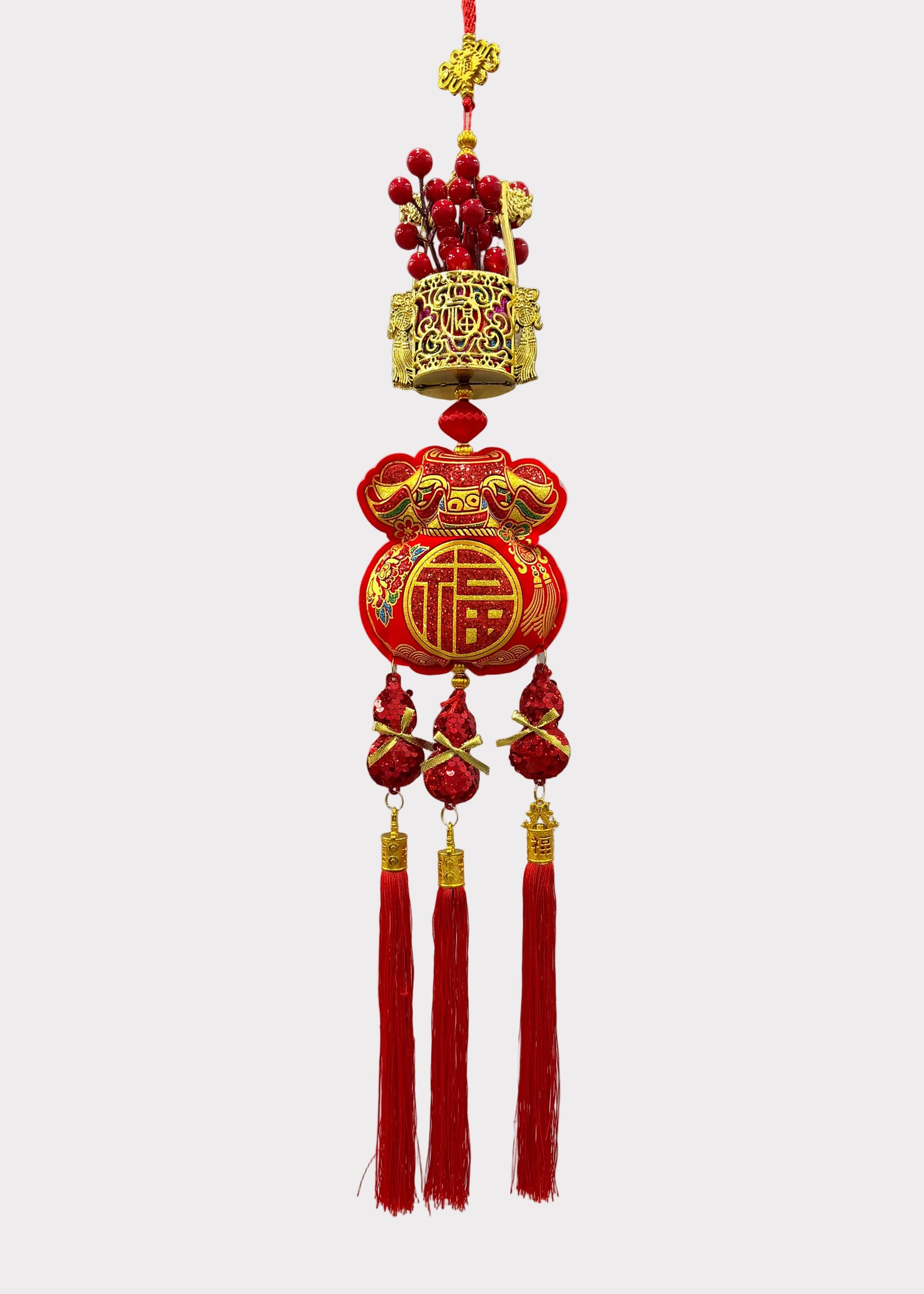 Wealth Berry Cluster Wall Hanging - Lucky Bucket with Hulu Gourds Decor