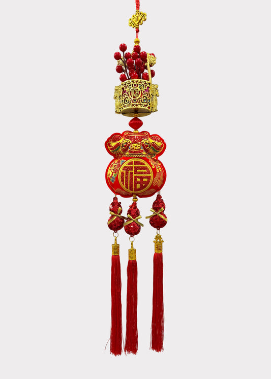 Wealth Berry Cluster Wall Hanging - Lucky Bucket with Hulu Gourds Decor