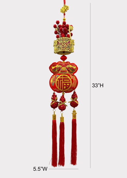 Wealth Berry Cluster Wall Hanging - Lucky Bucket with Hulu Gourds Decor