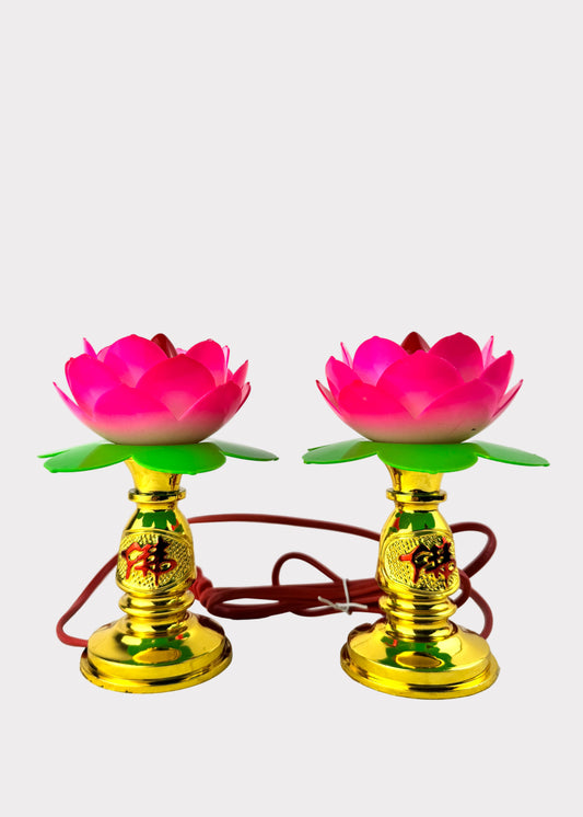 Lotus Lamp Set – Dual Pink Lotus Lights with Gold Base – Plastic