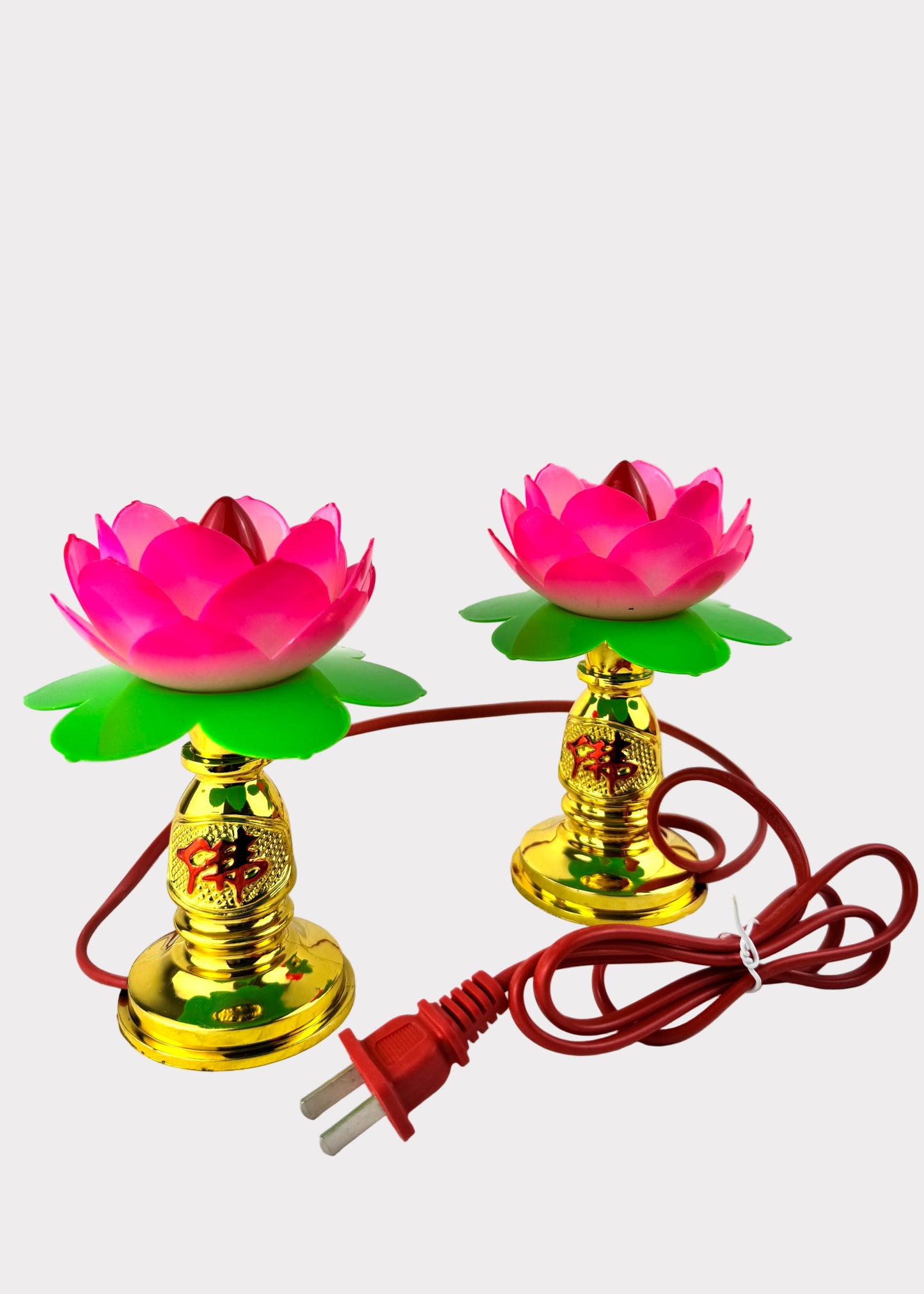 Lotus Lamp Set – Dual Pink Lotus Lights with Gold Base – Plastic