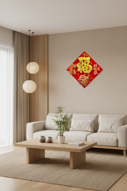 Gold Glitter Fortune Wall Decal – Hulu Gourd Bamboo & Peony – Self Adhesive Lunar New Year Decor
