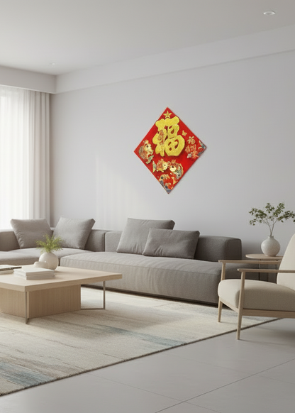Gold Glitter Fortune Wall Decor – Double Koi Fish Prosperity Design – Lunar New Year Decoration
