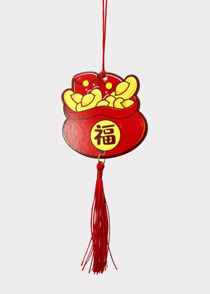 Lunar New Year Paper Stock Hanging Charms Set of 6 with Red Tassels - Fortune & Luck Decor