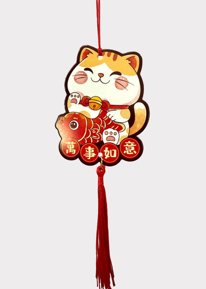 Lunar New Year Lucky Cat Paper Hanging Charms Set of 6 with Red Tassels - Fortune & Wealth Decor