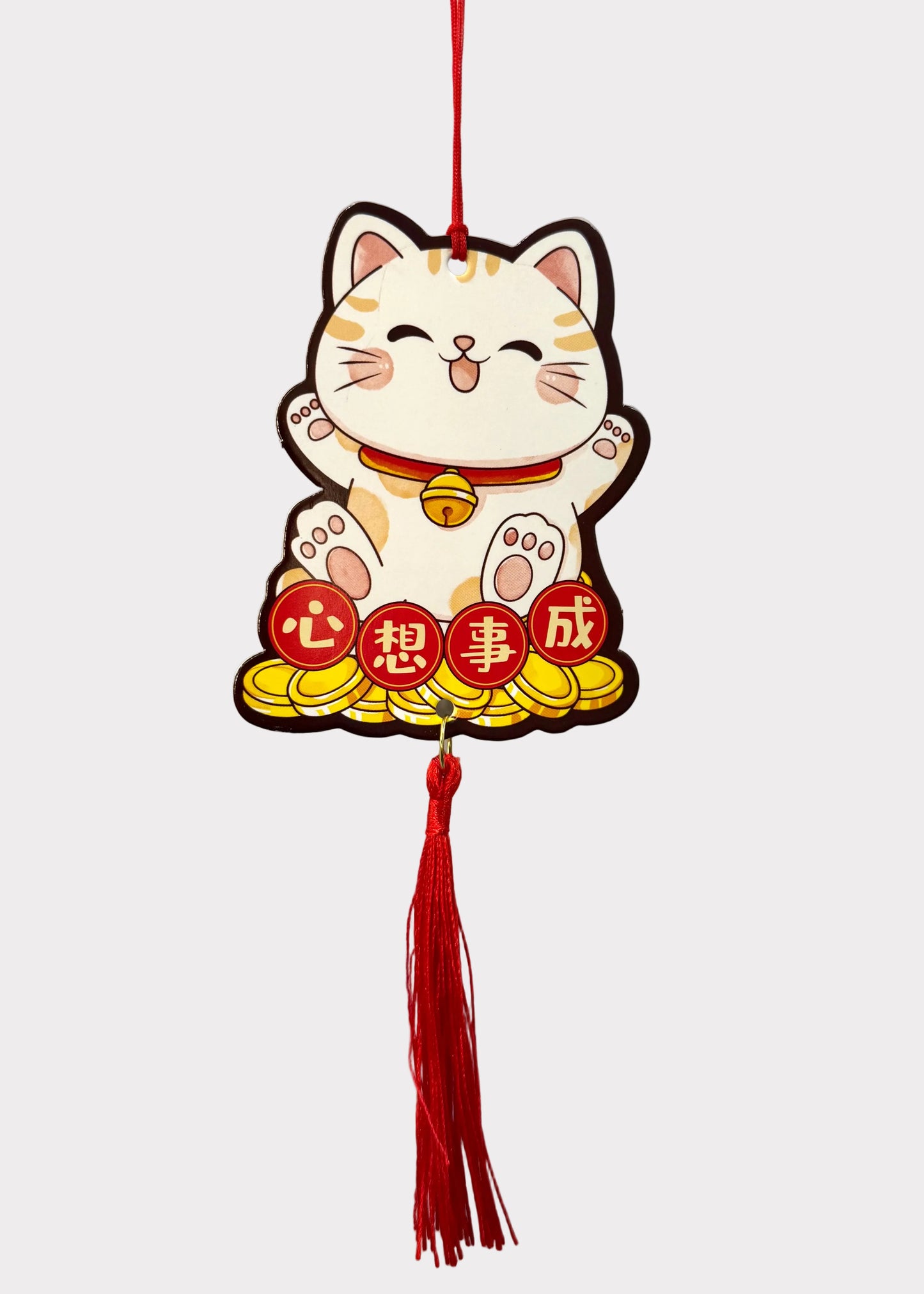 Lunar New Year Lucky Cat Paper Hanging Charms Set of 6 with Red Tassels - Fortune & Wealth Decor