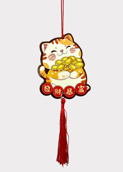 Lunar New Year Lucky Cat Paper Hanging Charms Set of 6 with Red Tassels - Fortune & Wealth Decor