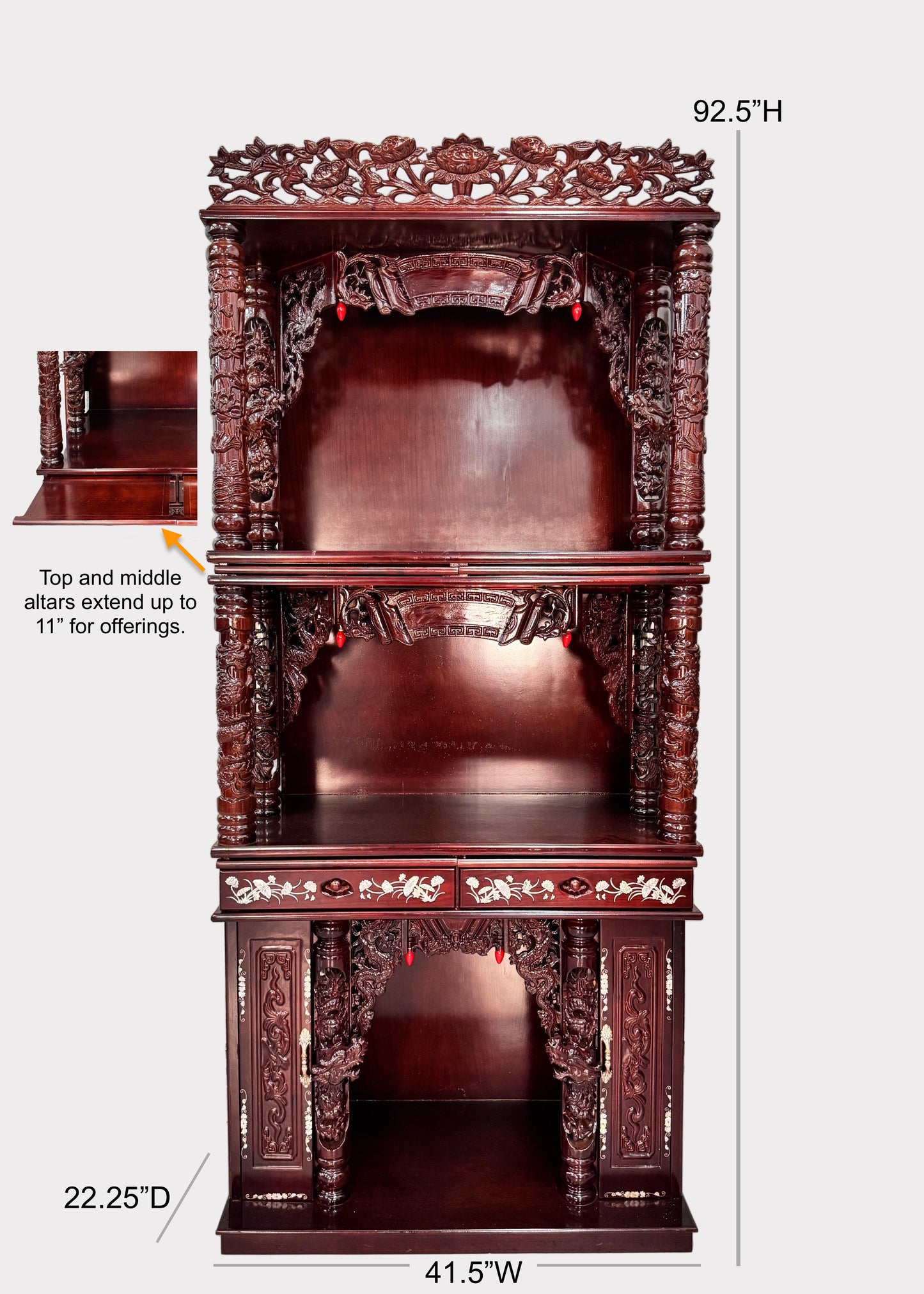 42" Dragon Altar with Mother of Pearl Inlay – Extendable Boards
