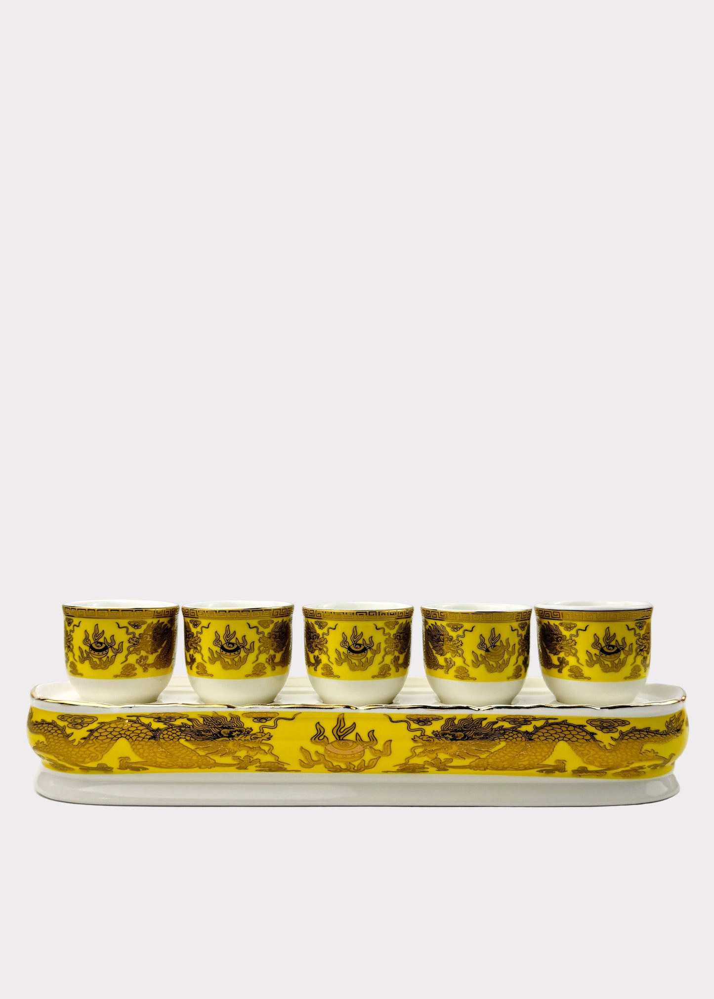 Imperial Yellow Dragon Offering Cups Set - Porcelain Tray - Gold Accents - 5 Cups