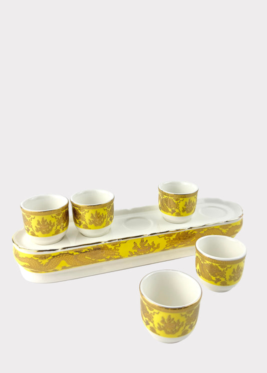 Imperial Yellow Dragon Offering Cups Set - Porcelain Tray - Gold Accents - 5 Cups