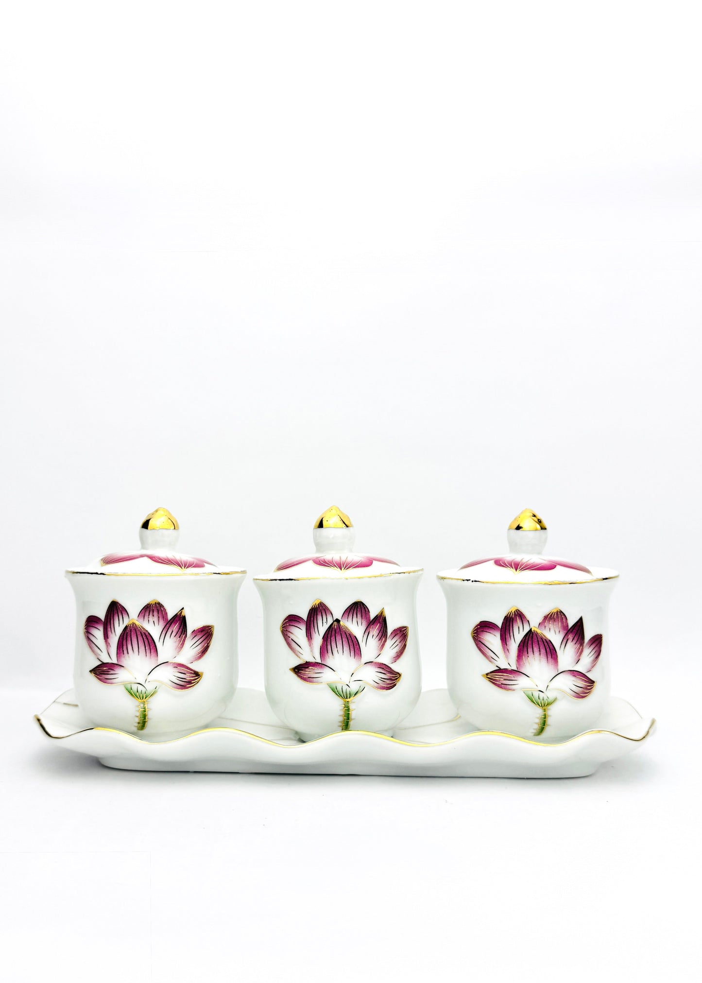 Lotus Covered Offering Cups Set - Porcelain Tray - Gold Trim - 3 Cups