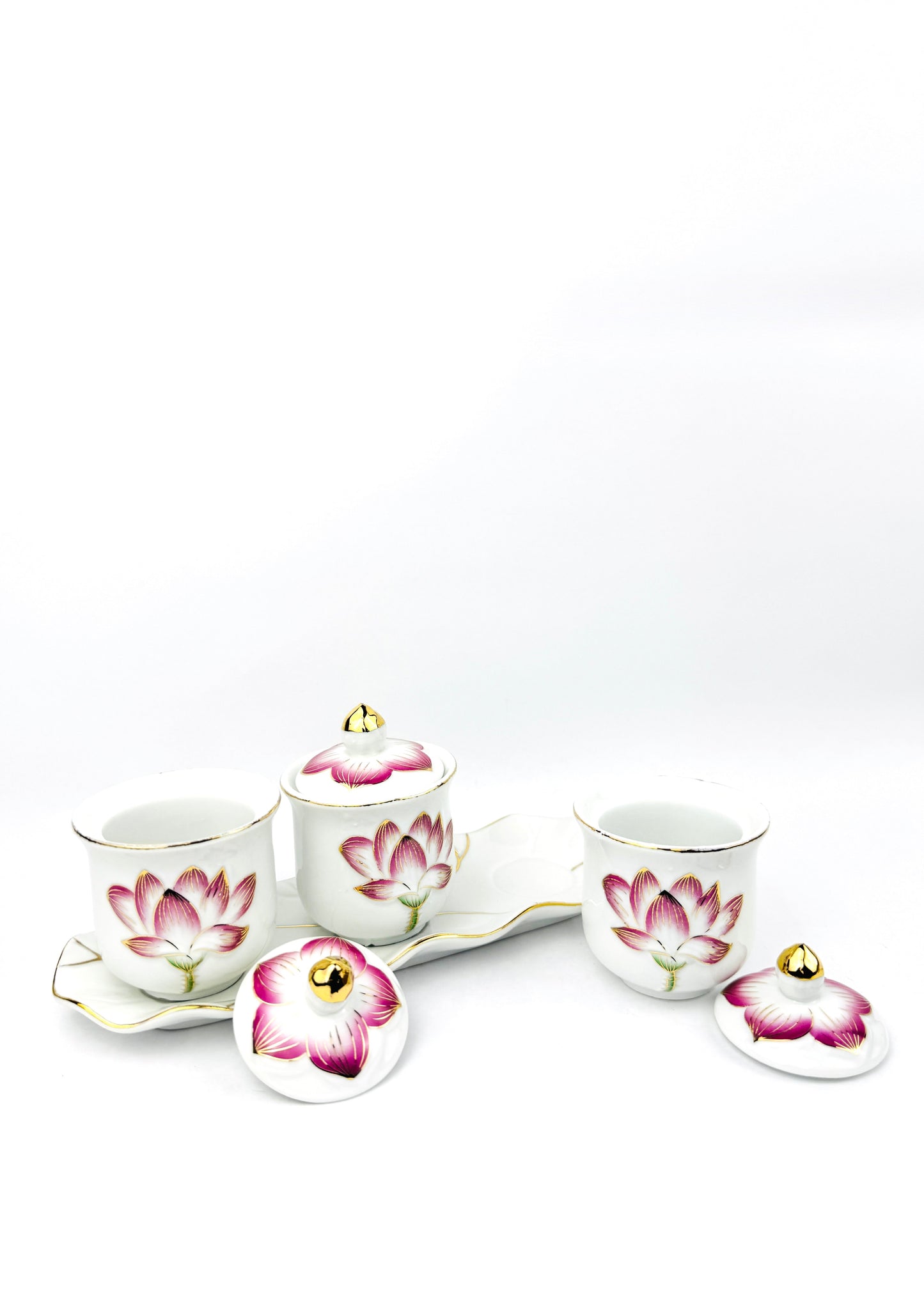 Lotus Covered Offering Cups Set - Porcelain Tray - Gold Trim - 3 Cups