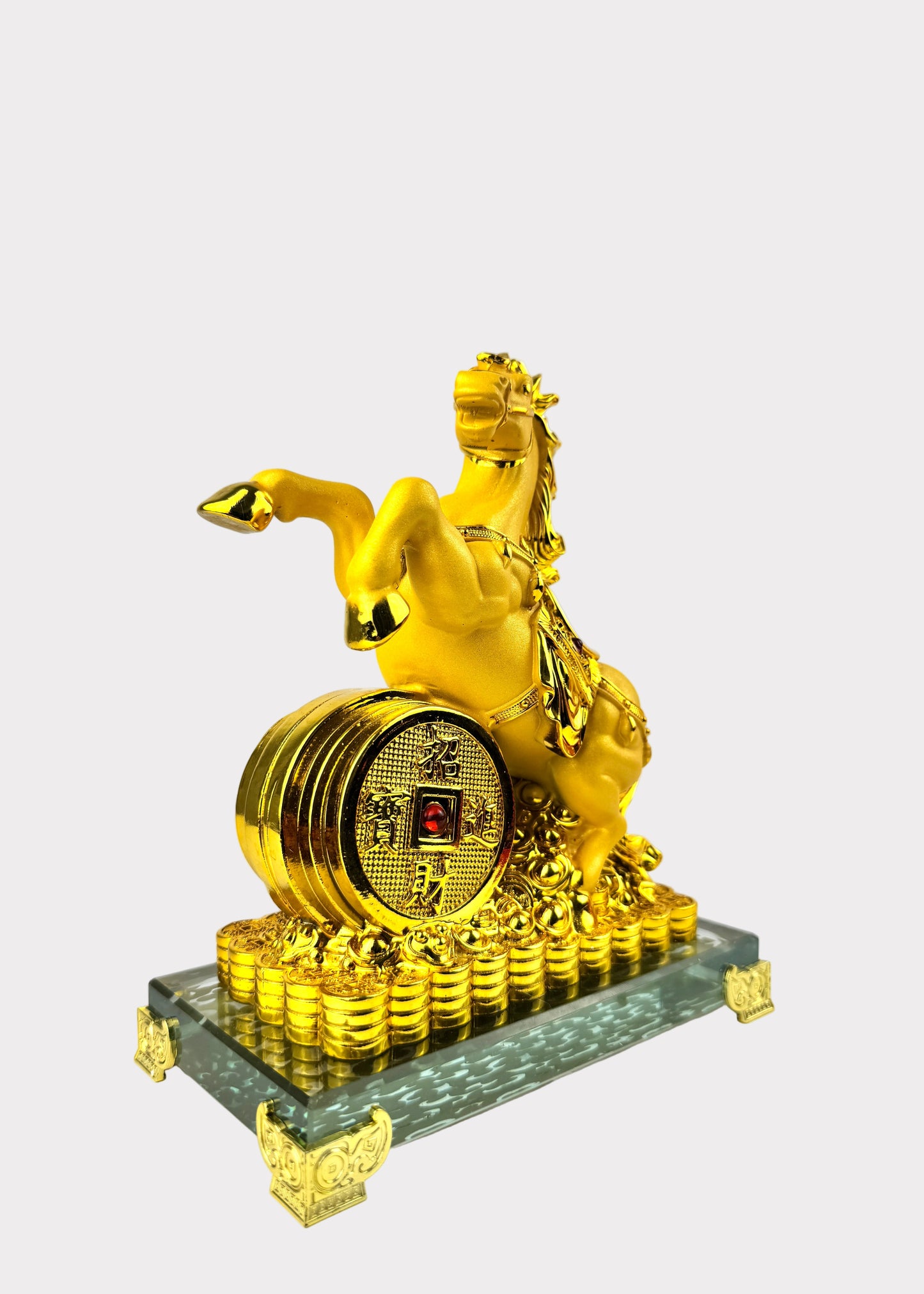 Golden Horse with Wealth Coin – Crystal Base Feng Shui Figurine for Success and Prosperity