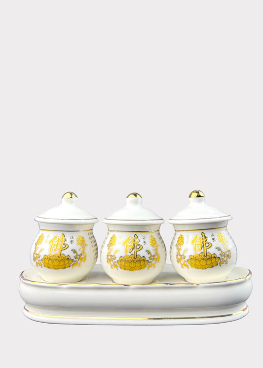 Buddha Altar Cup Set – Gold Lotus Scripture Design – 3 Cups with Tray