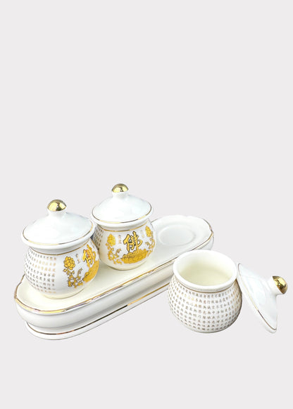 Buddha Altar Cup Set – Gold Lotus Scripture Design – 3 Cups with Tray