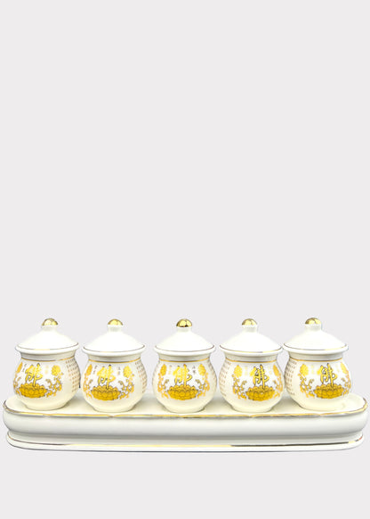 Buddha Altar Cup Set – Gold Lotus Scripture Design – 5 Cups with Tray
