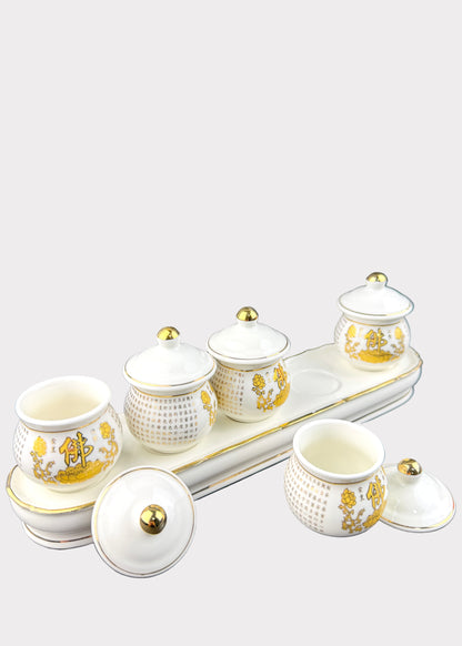Buddha Altar Cup Set – Gold Lotus Scripture Design – 5 Cups with Tray