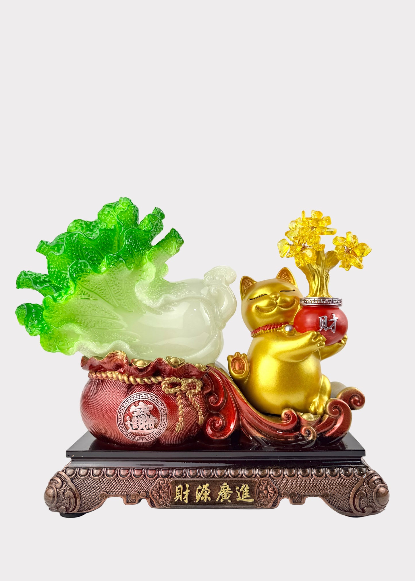 Fortune Cat with Bok Choy and Gold Blossoms – Wealth and Prosperity Figurine