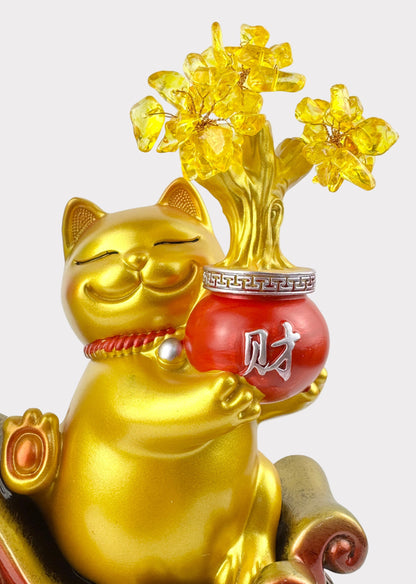 Fortune Cat with Bok Choy and Gold Blossoms – Wealth and Prosperity Figurine