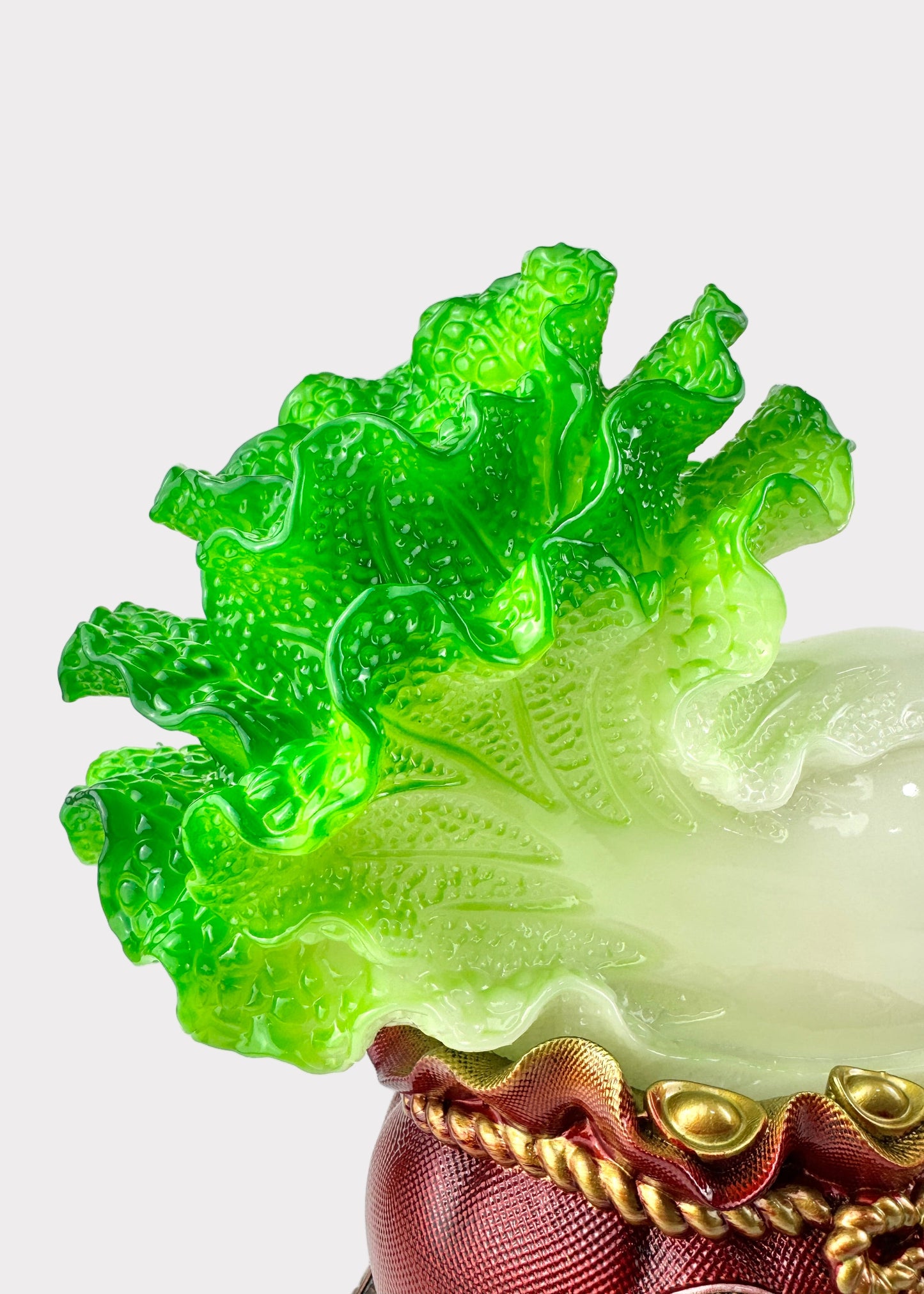Fortune Cat with Bok Choy and Gold Blossoms – Wealth and Prosperity Figurine