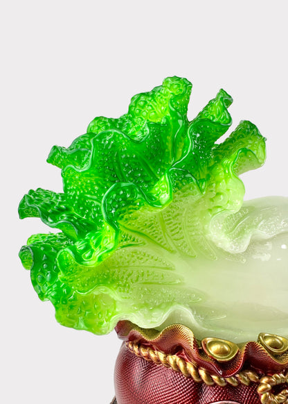 Fortune Cat with Bok Choy and Gold Blossoms – Wealth and Prosperity Figurine