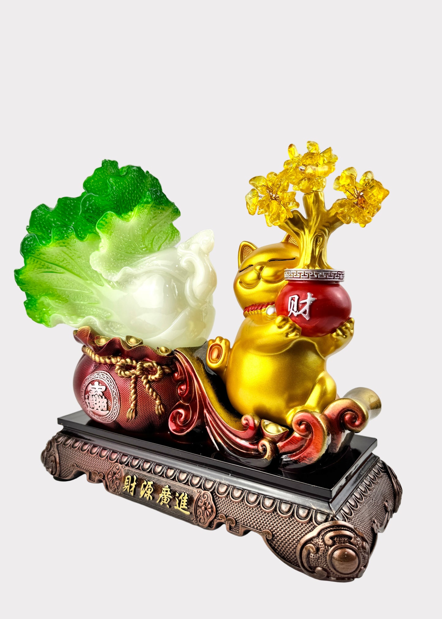 Fortune Cat with Bok Choy and Gold Blossoms – Wealth and Prosperity Figurine