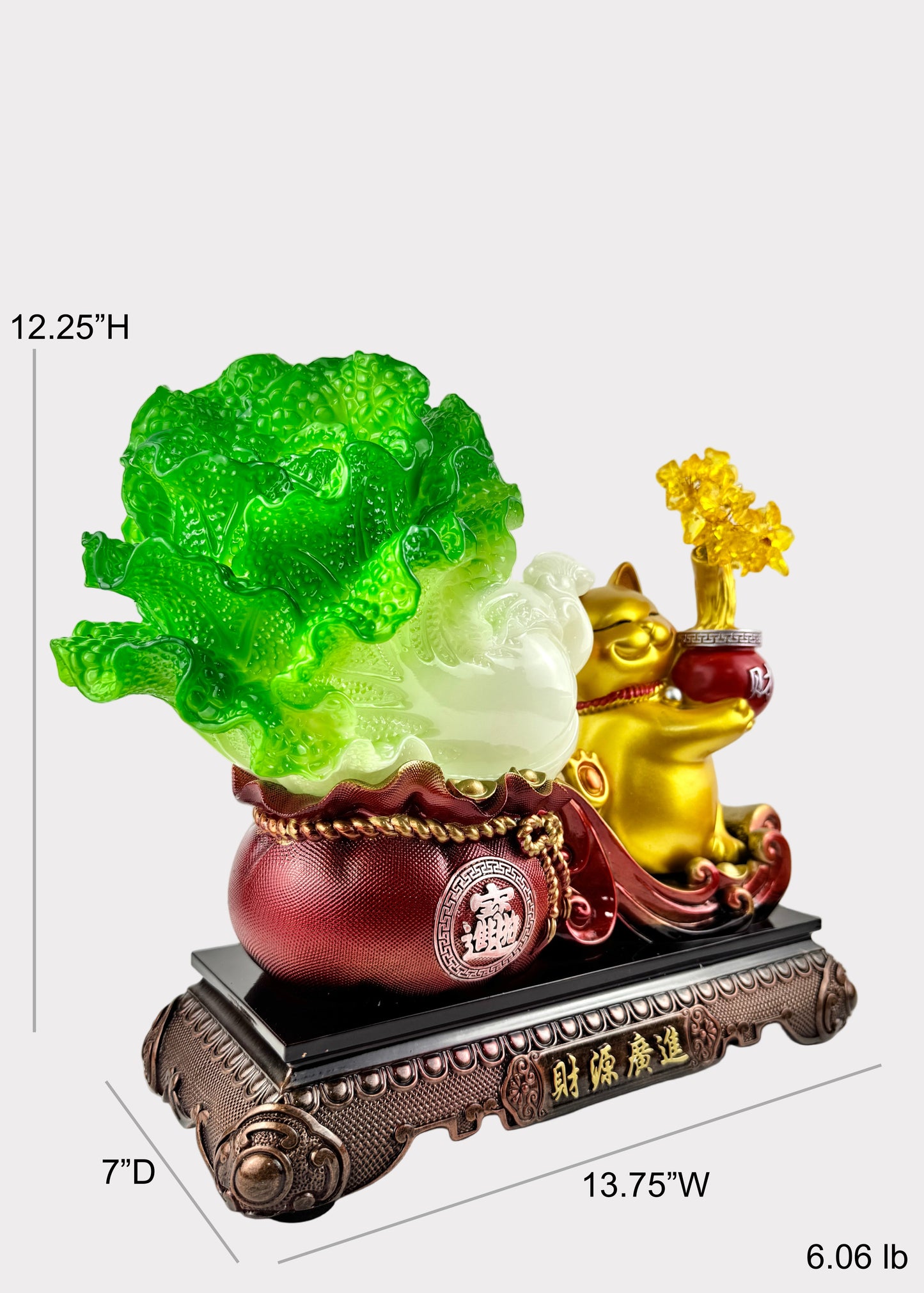 Fortune Cat with Bok Choy and Gold Blossoms – Wealth and Prosperity Figurine