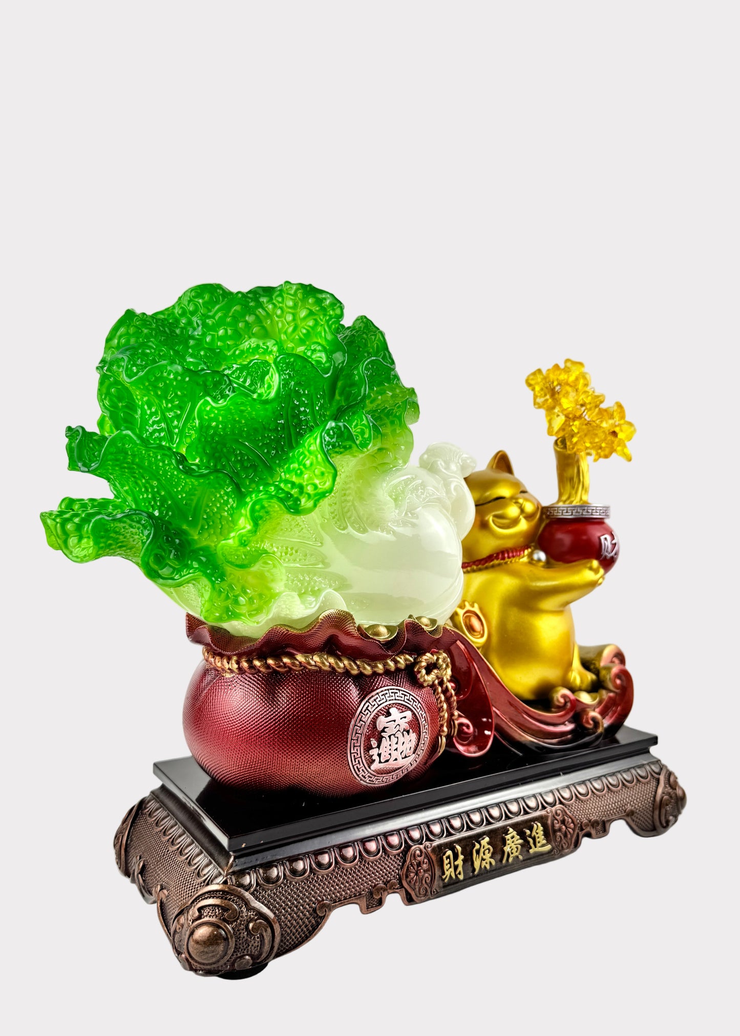 Fortune Cat with Bok Choy and Gold Blossoms – Wealth and Prosperity Figurine