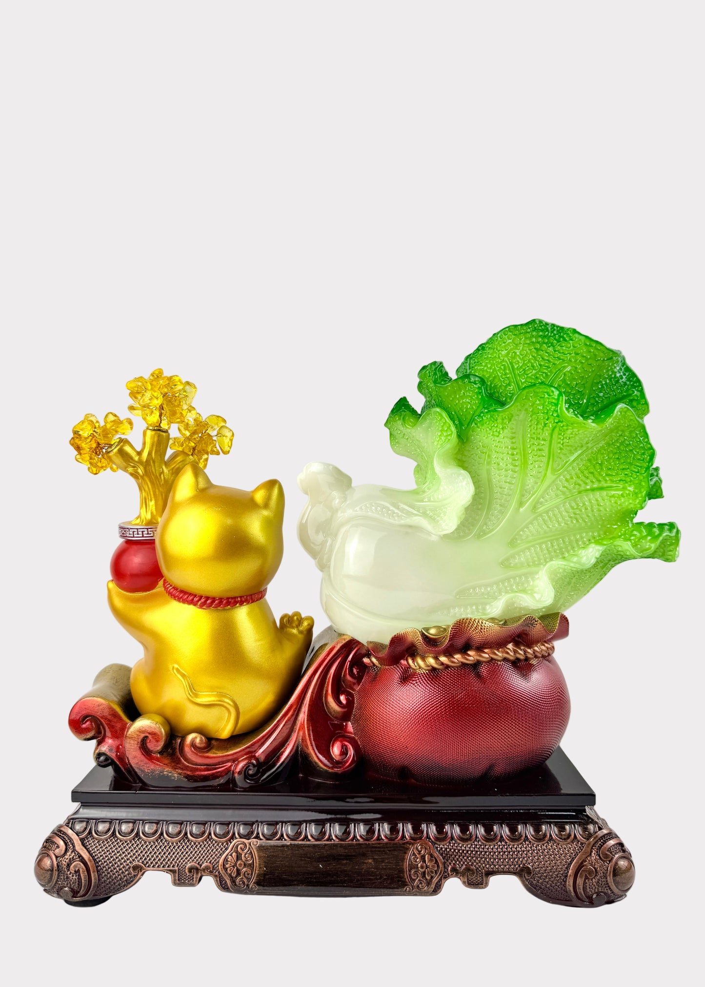Fortune Cat with Bok Choy and Gold Blossoms – Wealth and Prosperity Figurine