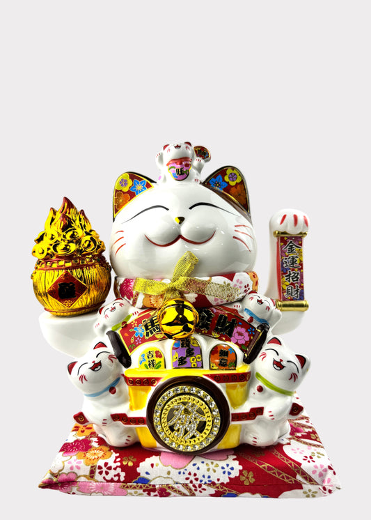 Lucky Money Cat with Flaming Wealth Bucket – Porcelain – Battery & DC Powered Fortune Figurine